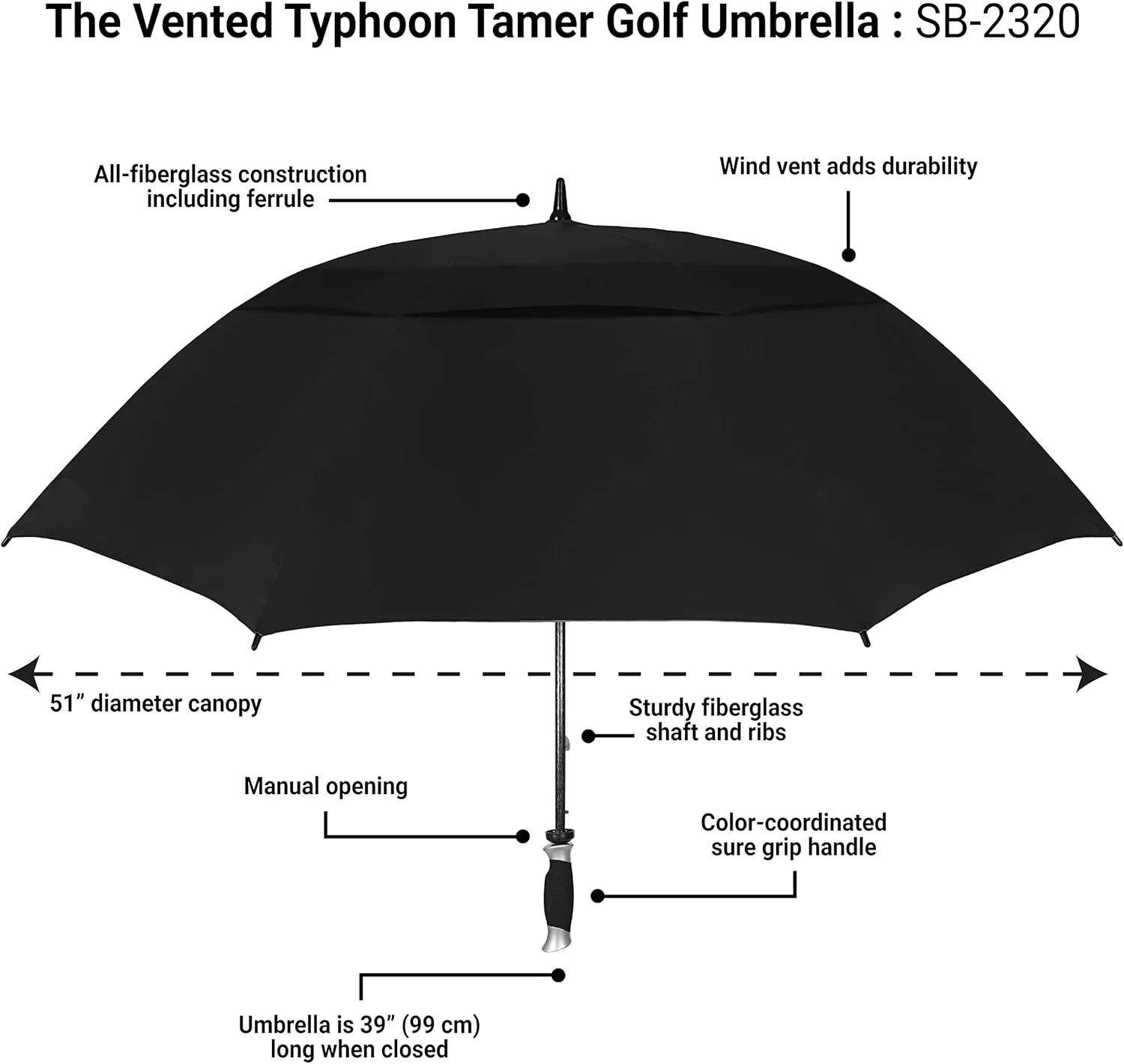 The Typhoon Tamer 62 Inch Vented Windproof Double Canopy Large Golf Umbrella for Rain & Wind, Strong Fiberglass Oversized Lightweight Professional Quality Golfers Umbrella for Men & Women, Black