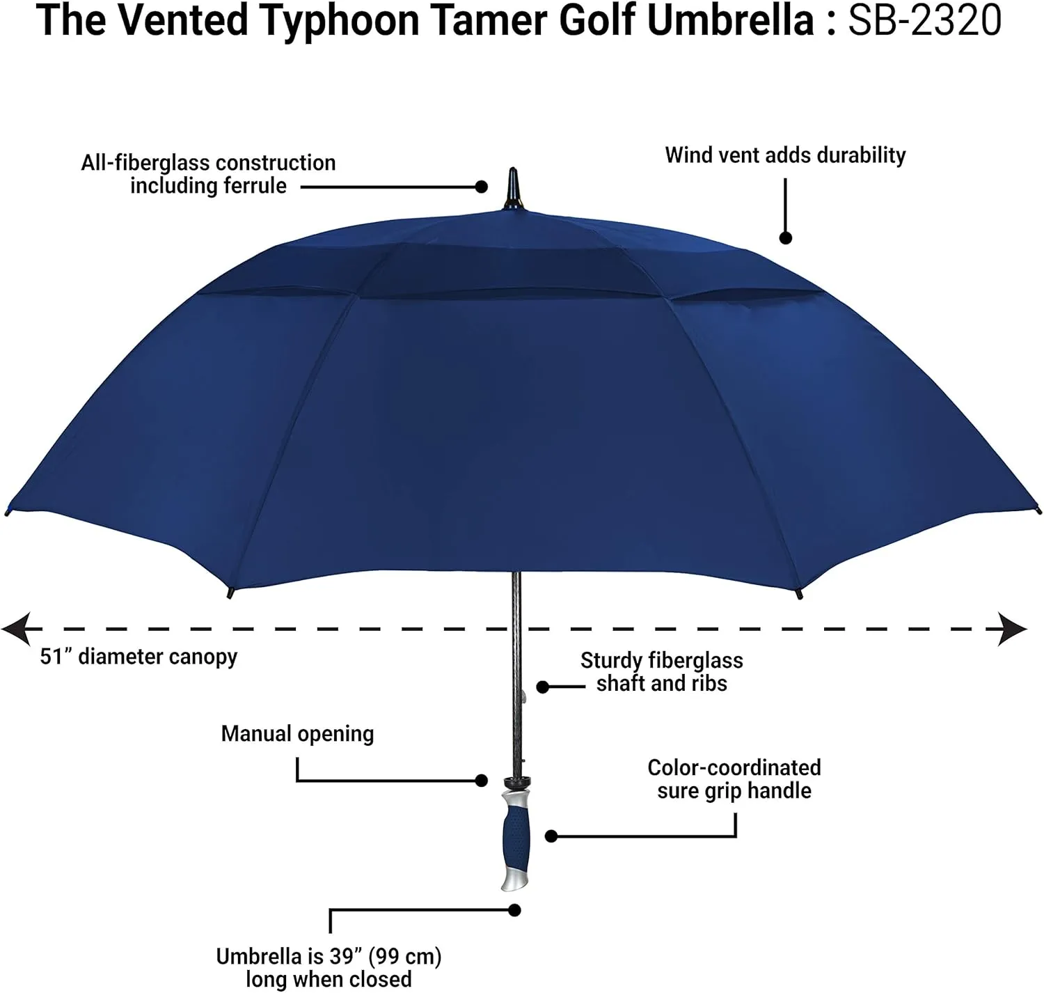 The Typhoon Tamer 62 Inch Vented Windproof Double Canopy Large Golf Umbrella for Rain & Wind, Strong Fiberglass Oversized Lightweight Professional Quality Golfers Umbrella for Men & Women, Navy Blue