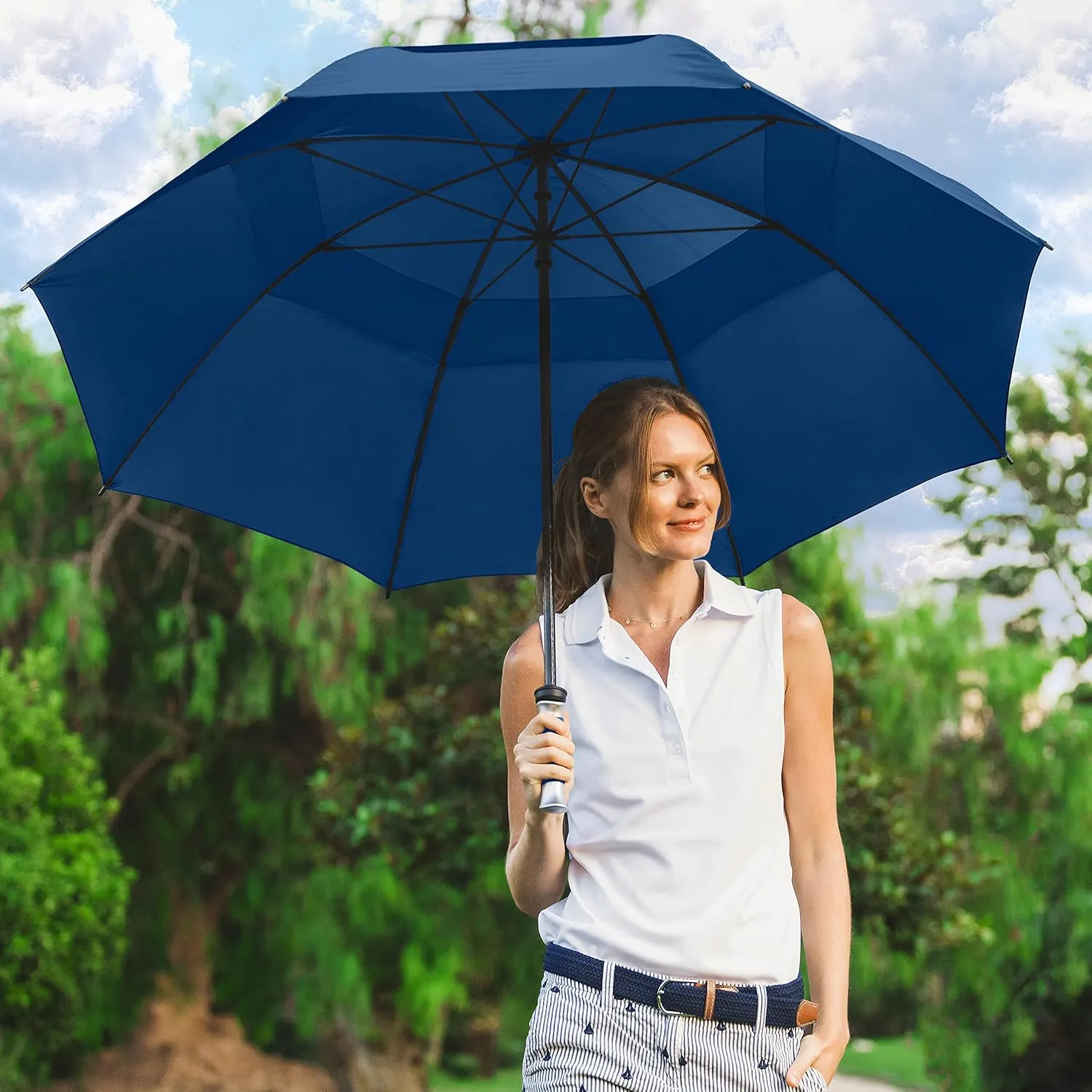 The Typhoon Tamer 62 Inch Vented Windproof Double Canopy Large Golf Umbrella for Rain & Wind, Strong Fiberglass Oversized Lightweight Professional Quality Golfers Umbrella for Men & Women, Navy Blue