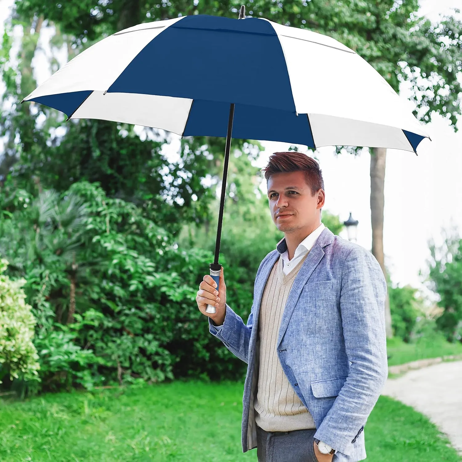 The Typhoon Tamer 62 Inch Vented Windproof Double Canopy Large Golf Umbrella for Rain & Wind, Strong Oversized Lightweight Professional Quality Golfers Umbrella for Men & Women, Navy Blue/White