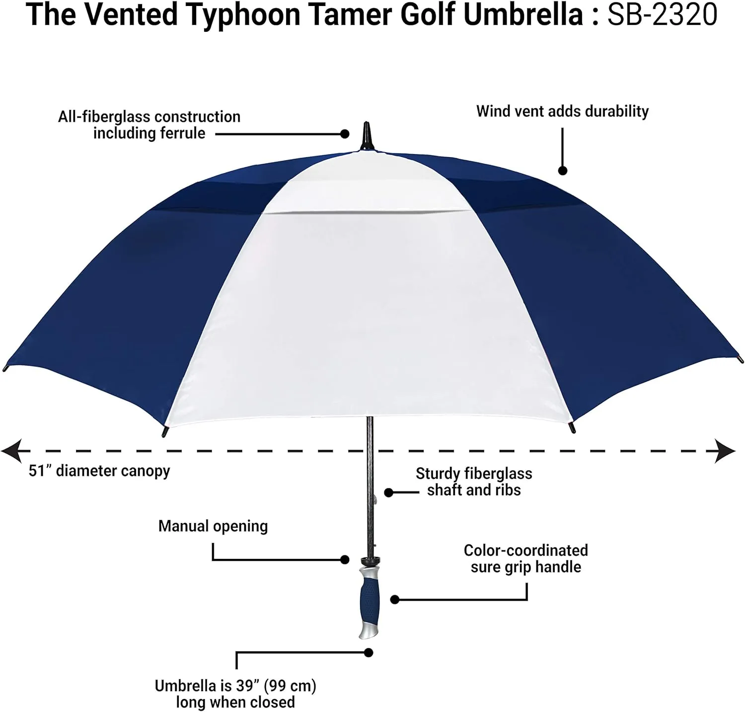 The Typhoon Tamer 62 Inch Vented Windproof Double Canopy Large Golf Umbrella for Rain & Wind, Strong Oversized Lightweight Professional Quality Golfers Umbrella for Men & Women, Navy Blue/White