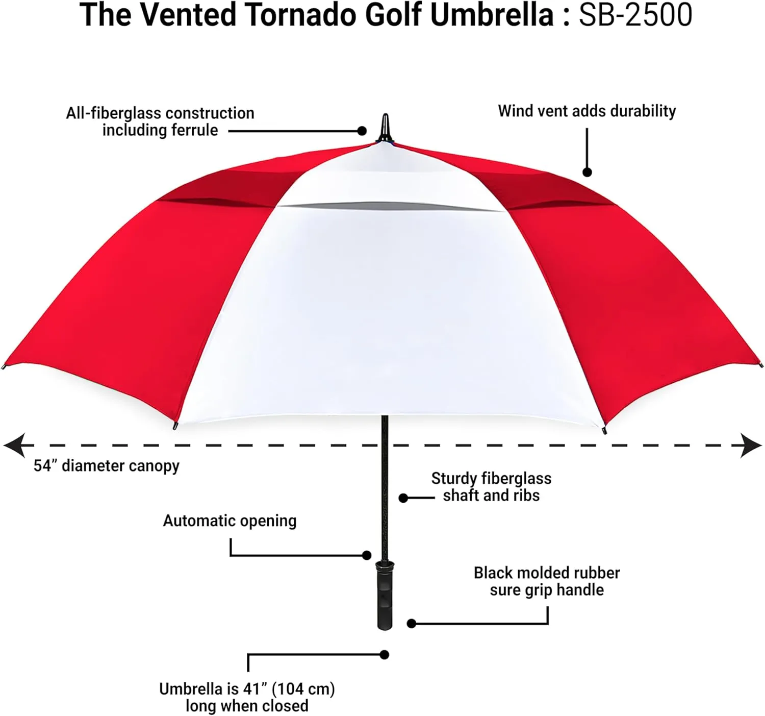 The Vented Tornado 64" Large Oversize Windproof Automatic Open Golf Umbrella, Heavy Duty Thick Fiberglass Ribs Waterproof Wind Vent Portable 2 Person Golf Umbrella for Men and Women - Black/White