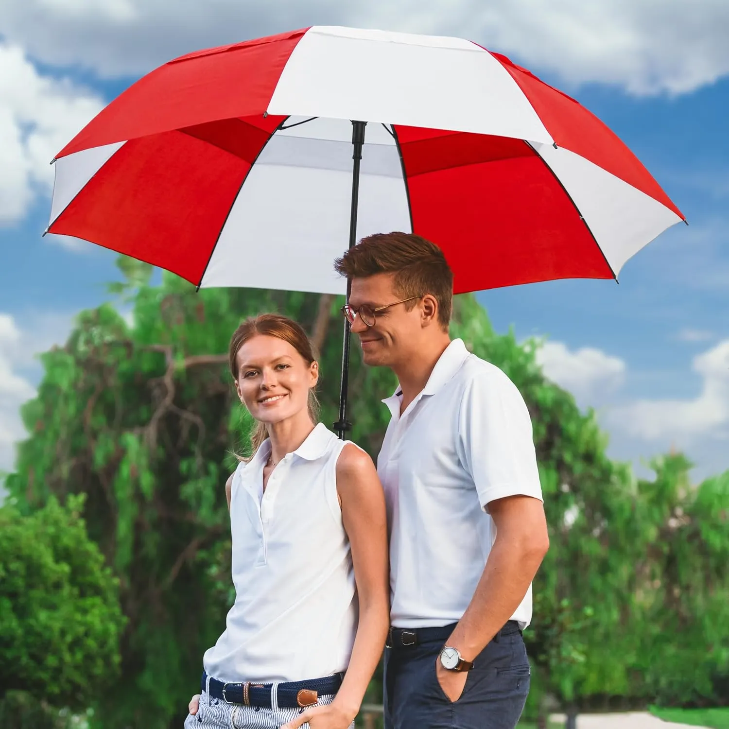 The Vented Tornado 64" Large Oversize Windproof Automatic Open Golf Umbrella, Heavy Duty Thick Fiberglass Ribs Waterproof Wind Vent Portable 2 Person Golf Umbrella for Men and Women - Black/White