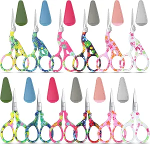 Therwen 12 Pcs 3.6 Inch Embroidery Scissors with Artificial Leather Cover, Stainless Steel Vintage Craft Scissors for Crafting, Threading, DIY, Needlework, Art, Manual Handicraft (Cute)
