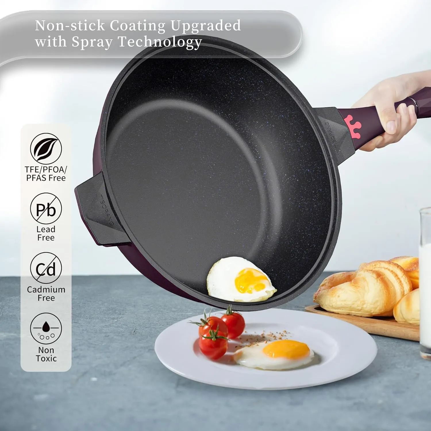 TIBORANG 8 in 1 Multipurpose 11 Inch 5 Quart Heat Indicator Nonstick Deep Frying Pan with Glass Lid,Steamed Grid,PFOA-Free,Dishwasher&Oven Safe,Works with All Stovetops (Midnight Purple)