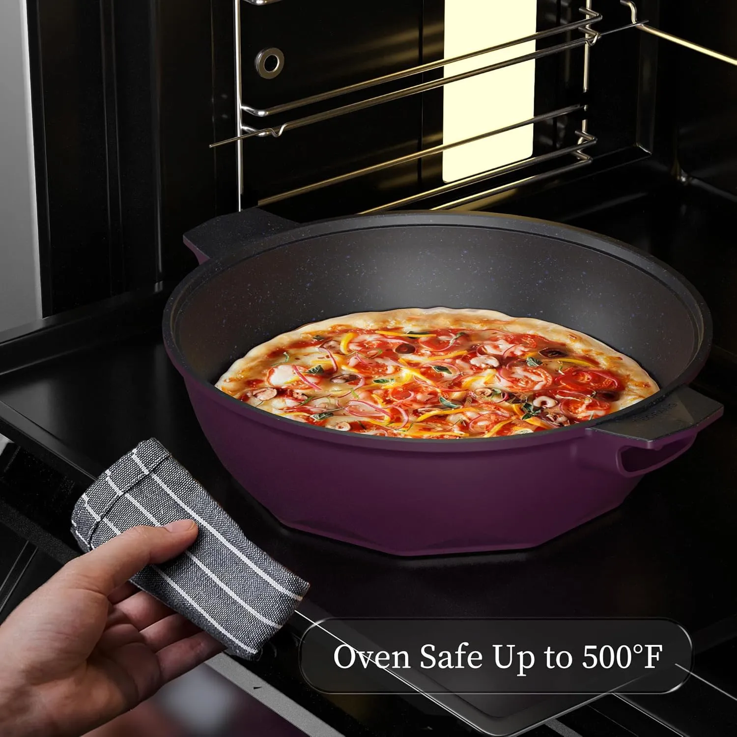 TIBORANG 8 in 1 Multipurpose 11 Inch 5 Quart Heat Indicator Nonstick Deep Frying Pan with Glass Lid,Steamed Grid,PFOA-Free,Dishwasher&Oven Safe,Works with All Stovetops (Midnight Purple)
