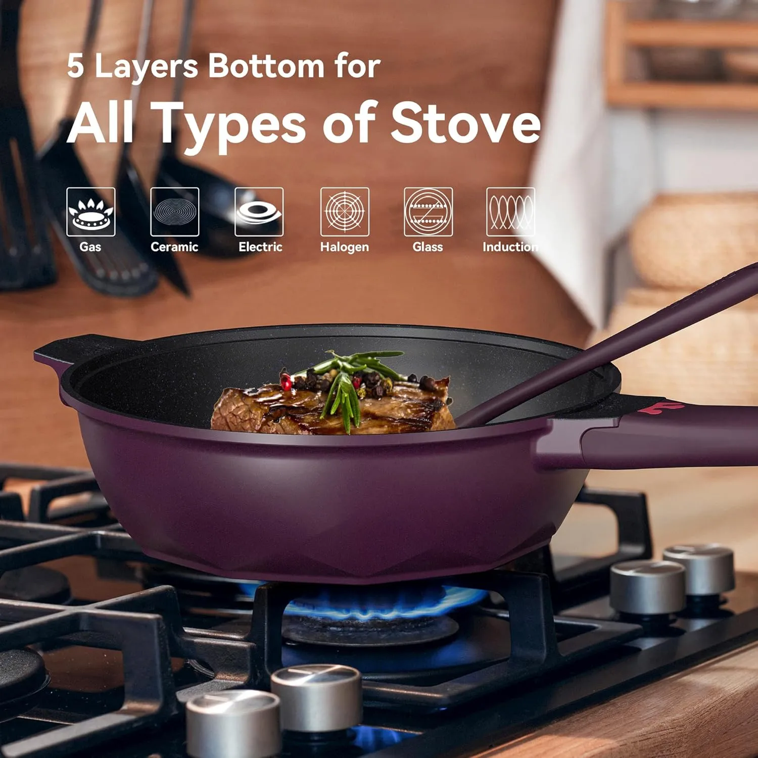 TIBORANG 8 in 1 Multipurpose 11 Inch 5 Quart Heat Indicator Nonstick Deep Frying Pan with Glass Lid,Steamed Grid,PFOA-Free,Dishwasher&Oven Safe,Works with All Stovetops (Midnight Purple)