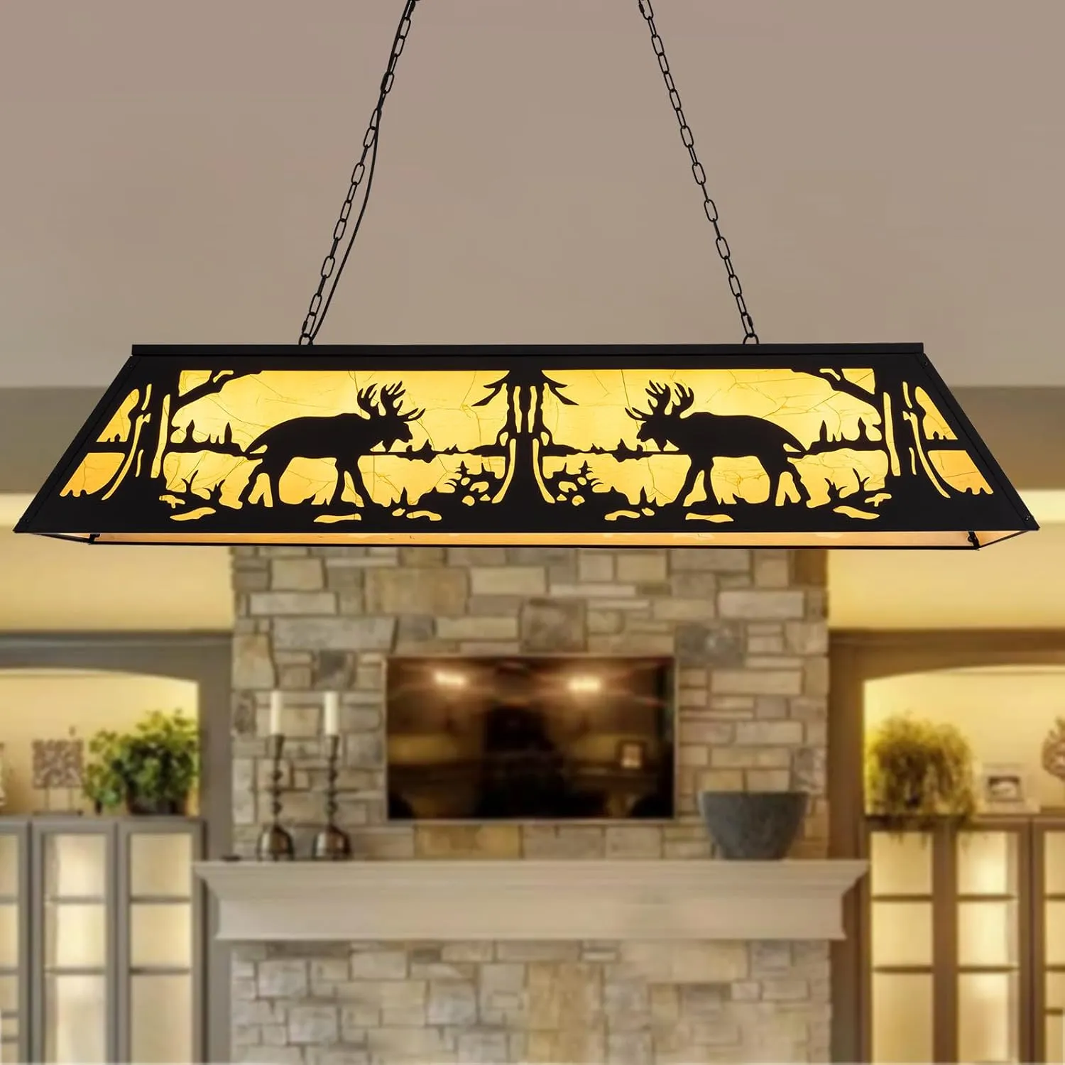 Tiffany Pool Table Light,58-inch Rustic Deer Billiard & Pool Table Lights for 7' 8' 9',5-Light Farmhouse Hanging Ceiling Light Fixture for Game Room Man Cave Dining Room