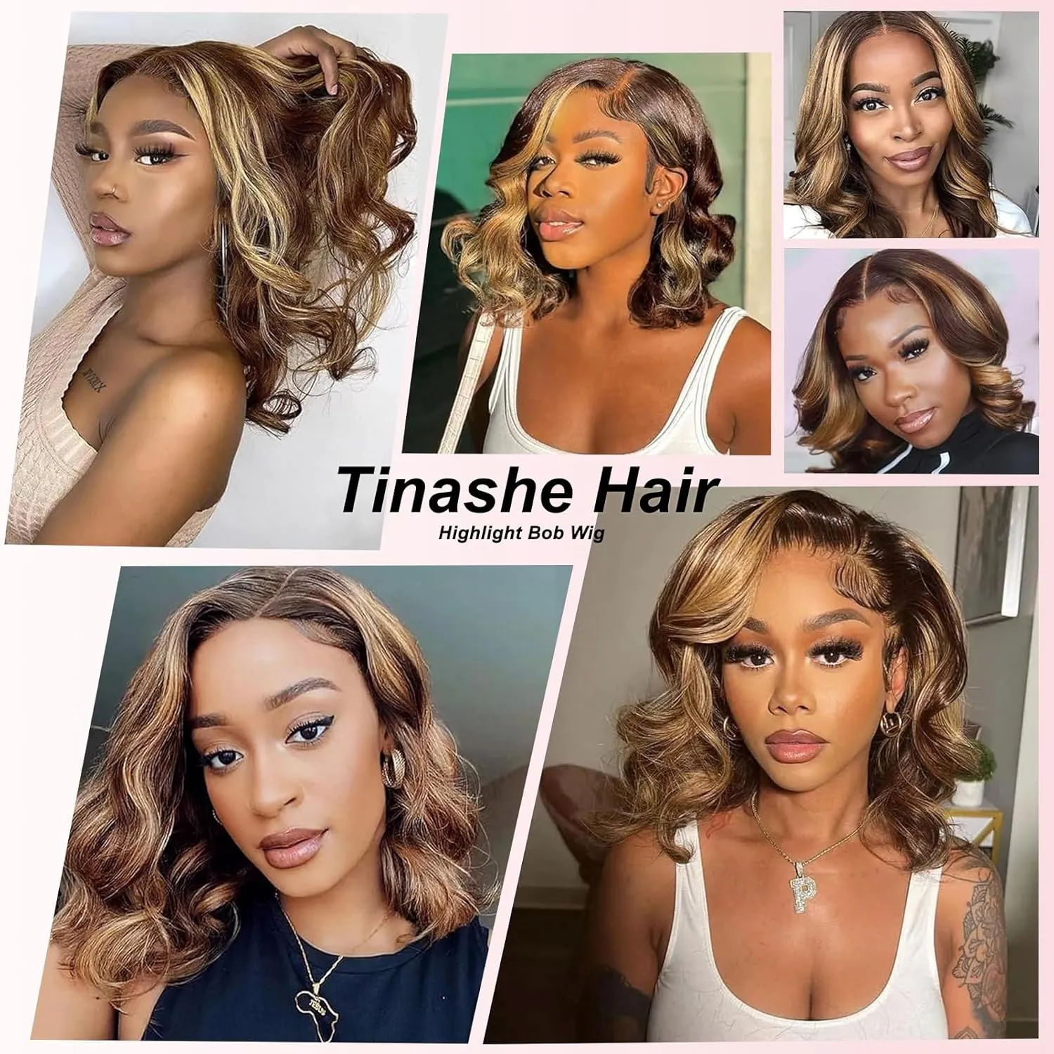 Tinashe 12Inch Wear and Go Glueless Bob Wig Human Hair Highlight Bob Wig Human Hair Honey Blonde 5x6 Body Wave Wigs for Beginners Glueless Short Bob Wig(12inch,P4/27 Loose Body Bob Wig)
