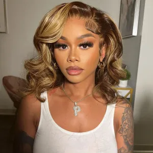 Tinashe 12Inch Wear and Go Glueless Bob Wig Human Hair Highlight Bob Wig Human Hair Honey Blonde 5x6 Body Wave Wigs for Beginners Glueless Short Bob Wig(12inch,P4/27 Loose Body Bob Wig)