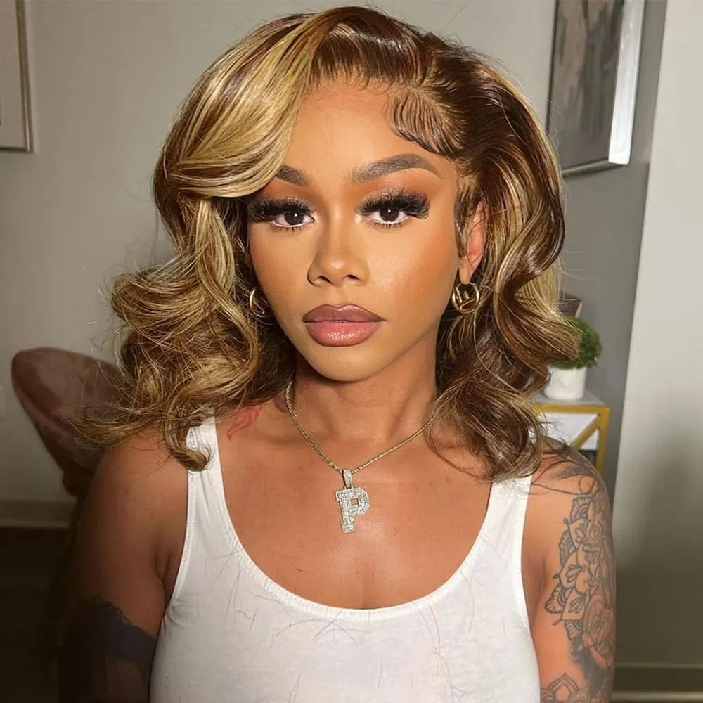 Tinashe 12Inch Wear and Go Glueless Bob Wig Human Hair Highlight Bob Wig Human Hair Honey Blonde 5x6 Body Wave Wigs for Beginners Glueless Short Bob Wig(12inch,P4/27 Loose Body Bob Wig)