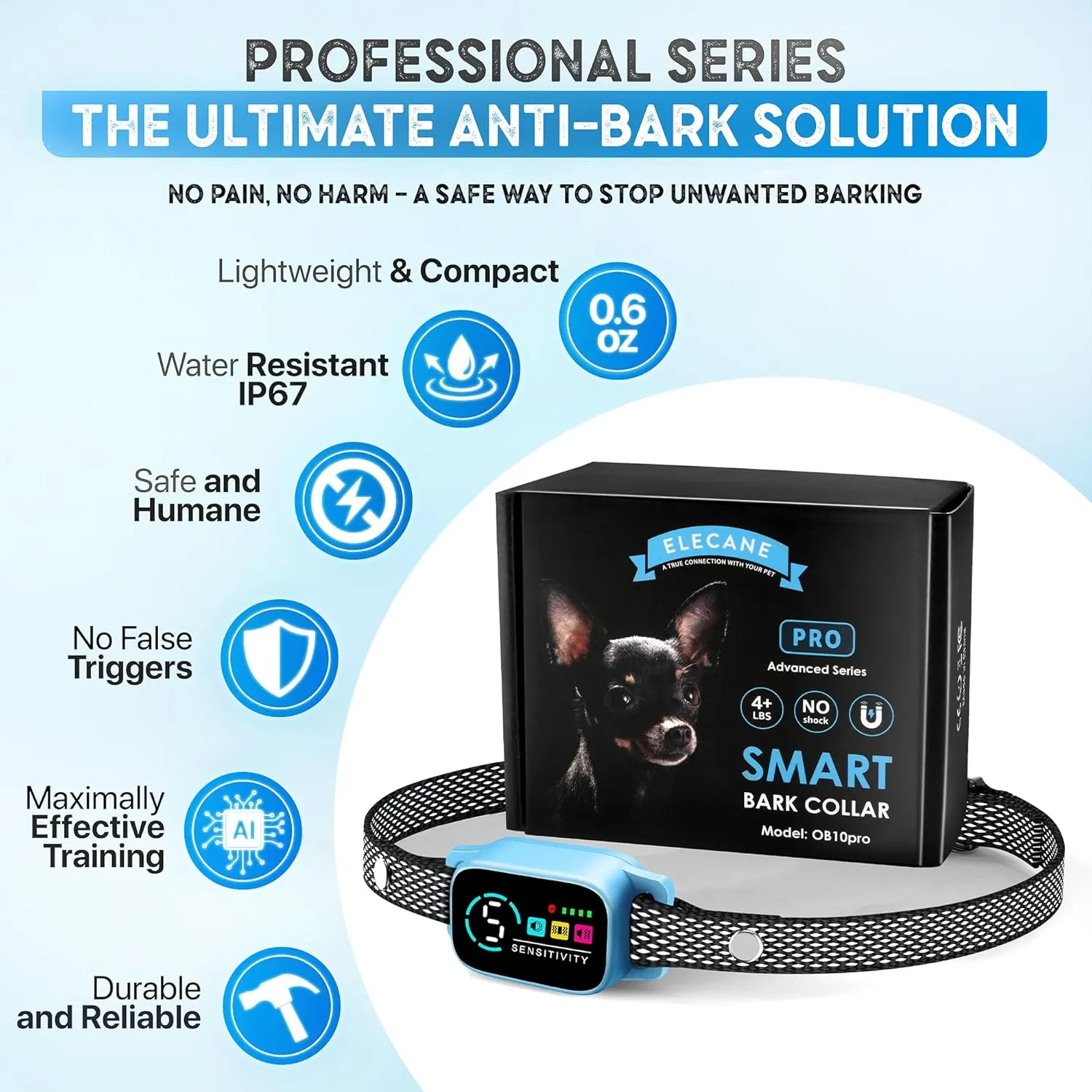 Tiny Bark Collar for Small Dogs 5-15 lbs – No Shock Anti Barking Collar with AI Chip – 3 Modes & 5 Sensitivity Levels – Waterproof, Rechargeable, Magnetic Charging – Humane, Effective Training (Blue)