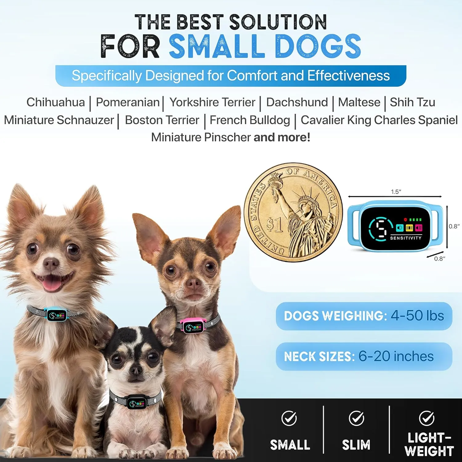 Tiny Bark Collar for Small Dogs 5-15 lbs – No Shock Anti Barking Collar with AI Chip – 3 Modes & 5 Sensitivity Levels – Waterproof, Rechargeable, Magnetic Charging – Humane, Effective Training (Blue)