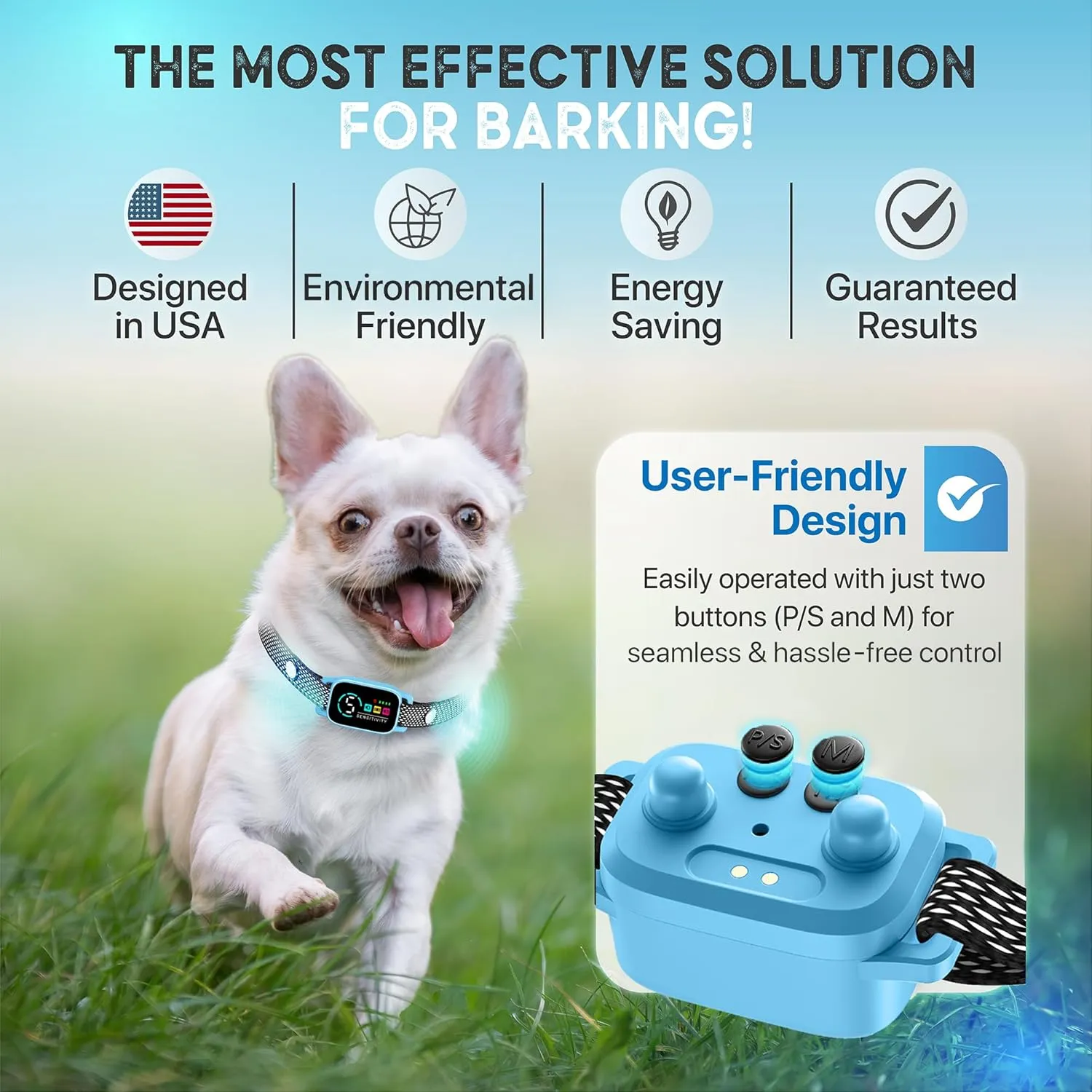 Tiny Bark Collar for Small Dogs 5-15 lbs – No Shock Anti Barking Collar with AI Chip – 3 Modes & 5 Sensitivity Levels – Waterproof, Rechargeable, Magnetic Charging – Humane, Effective Training (Blue)