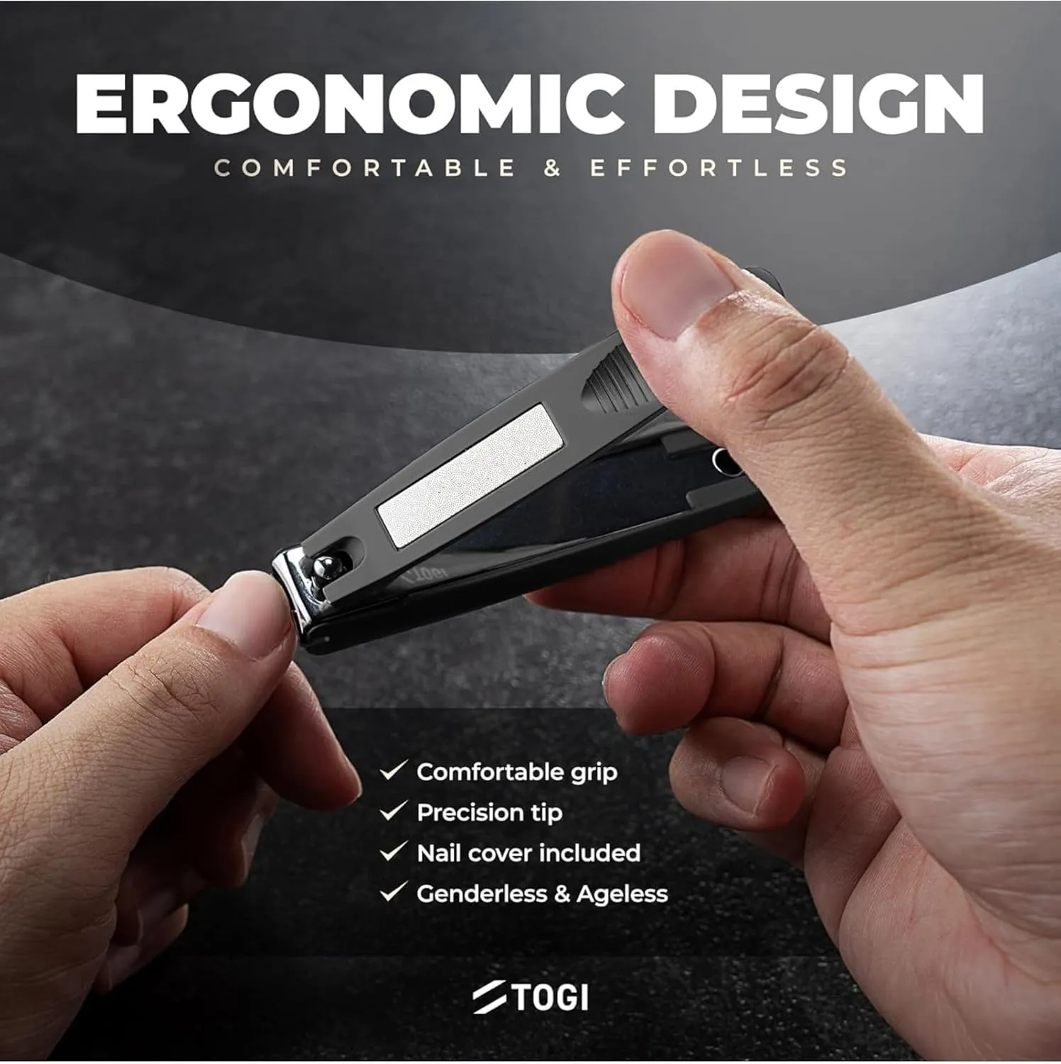 TOGI - Ultra Sharp Nail Clippers, Stainless Steel Nail Clippers for Women/Men, Fingernails & Toenail Cutter with Curved Blades, Built-in Catcher & File, 1 Black Grooming Must-Have