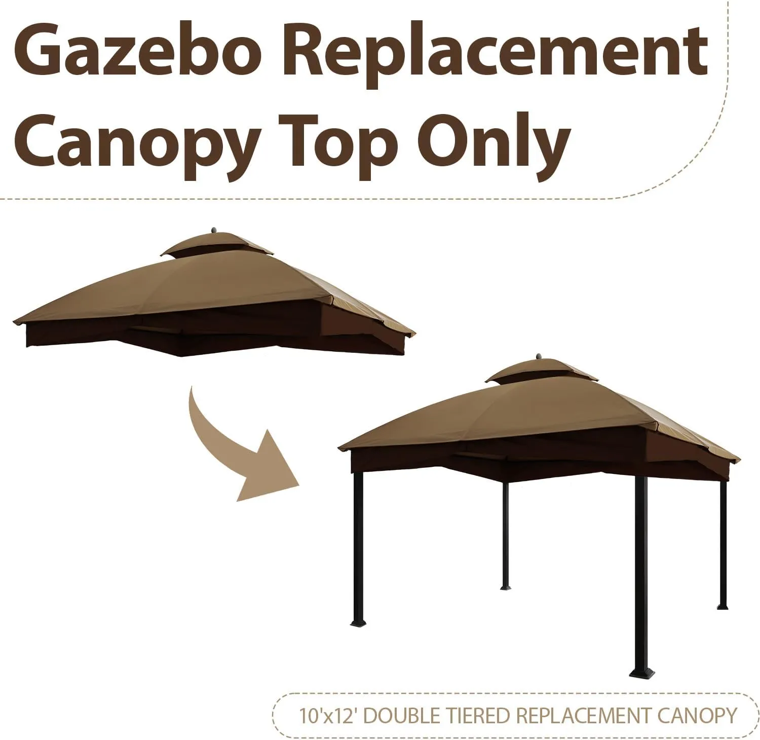 Tradesparker 10x12 Replacement Canopy Top for Lowe's Allen Roth Gazebo #GF-12S004B-1,Double Tiered Waterproof Gazebo Cover Roof with T-Hook, Khaki