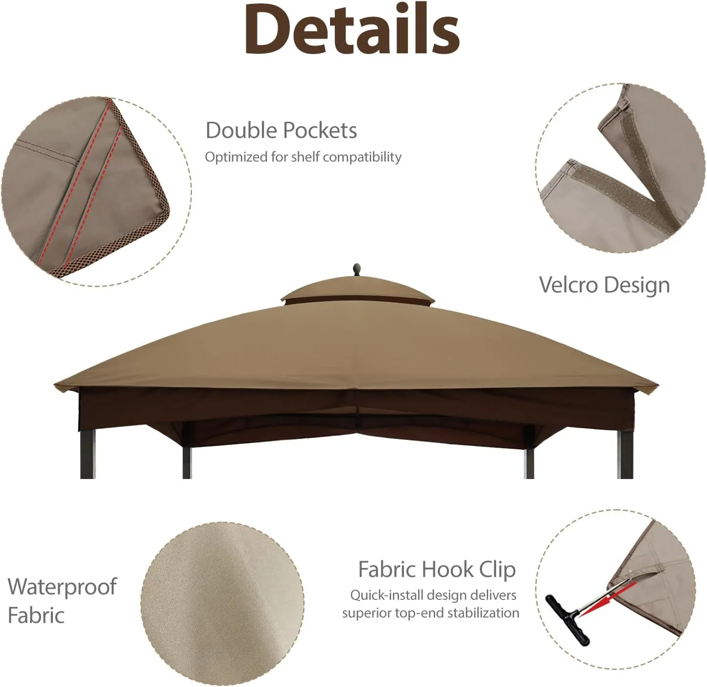 Tradesparker 10x12 Replacement Canopy Top for Lowe's Allen Roth Gazebo #GF-12S004B-1,Double Tiered Waterproof Gazebo Cover Roof with T-Hook, Khaki