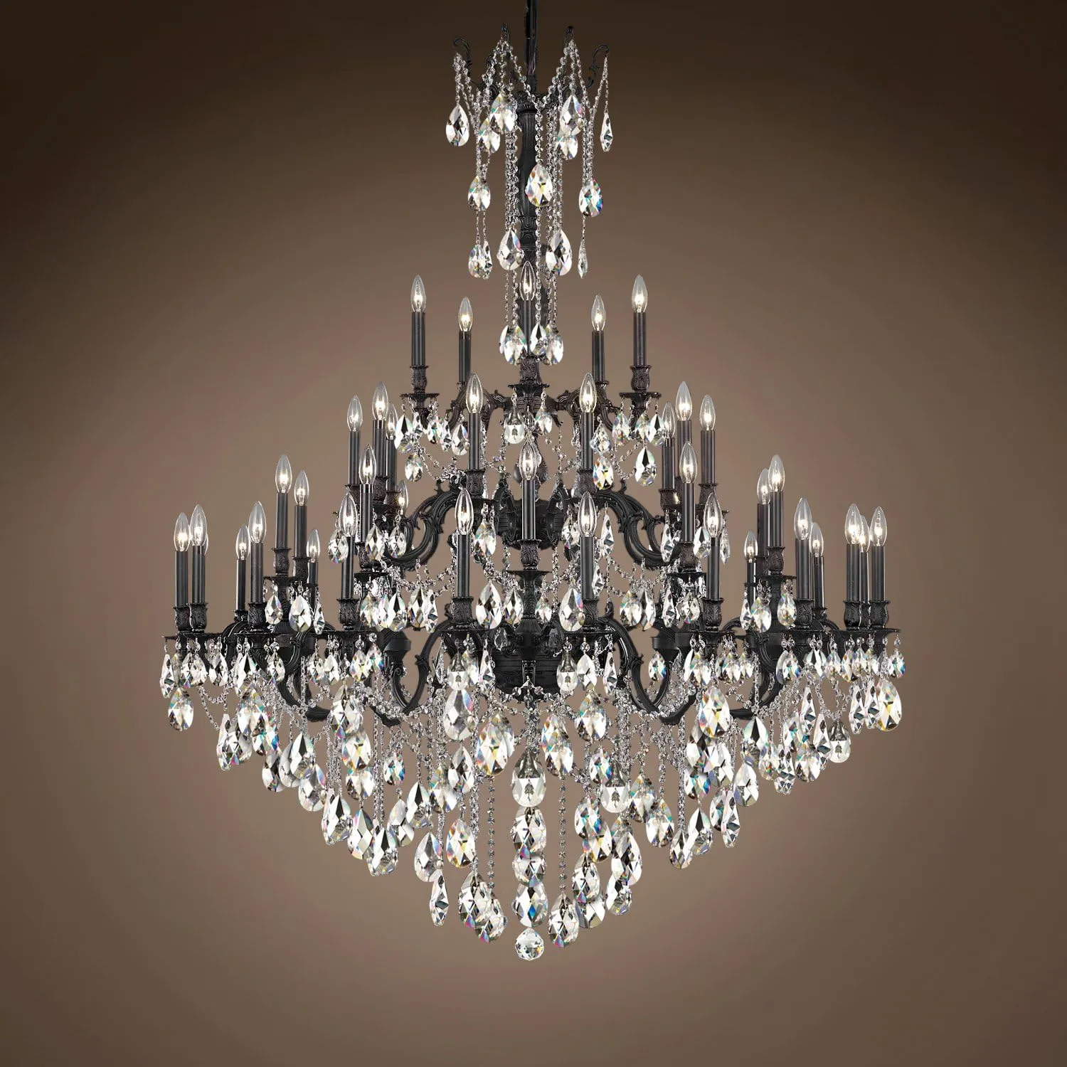 Traditional Versailles 45 Light 54" Crystal Chandelier, Dark Bronze Frame with Clear Asfour Tear Drop Crystals, Hanging Ceiling Light