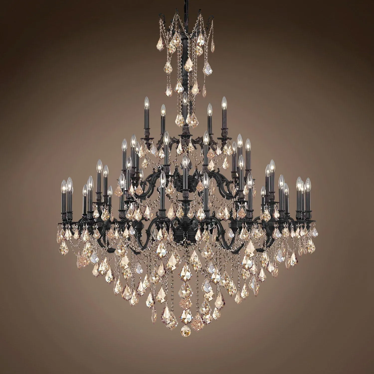 Traditional Versailles 45 Light 54" Crystal Chandelier, Dark Bronze Frame with Cognac European Crystals, Hanging Ceiling Light
