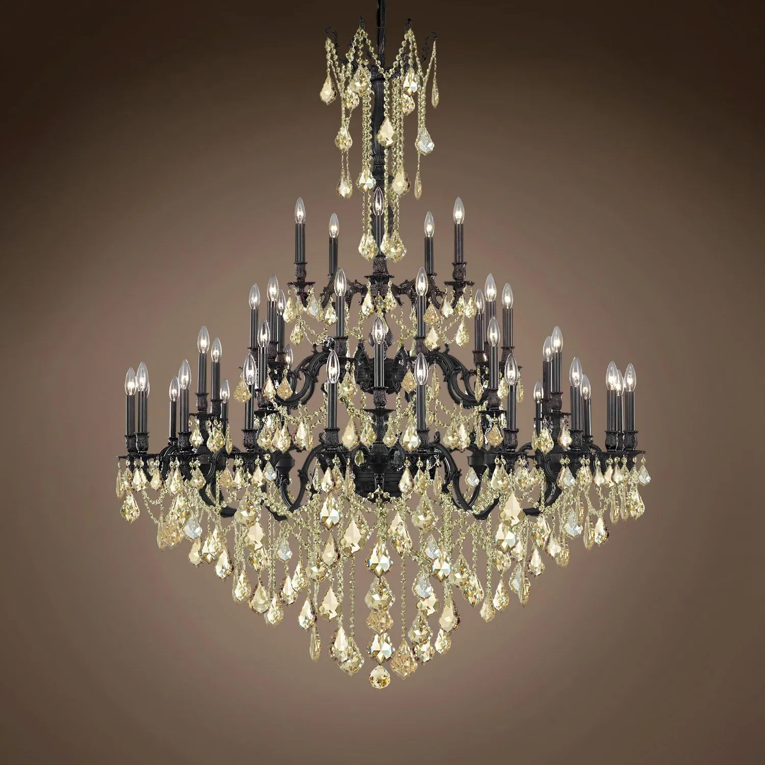 Traditional Versailles 45 Light 54" Crystal Chandelier, Dark Bronze Frame with Golden Teak European Crystals, Hanging Ceiling Light