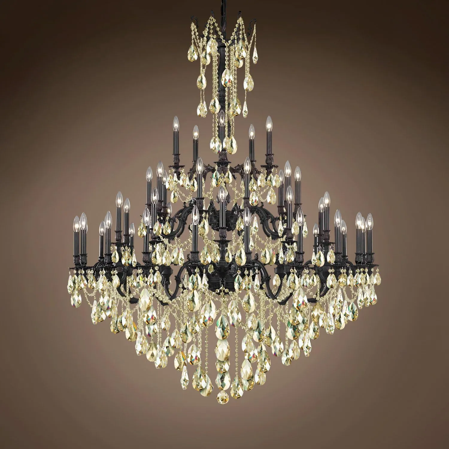 Traditional Versailles 45 Light 54" Crystal Chandelier, Dark Bronze Frame with Golden Teak European Tear Drop Crystals, Hanging Ceiling Light