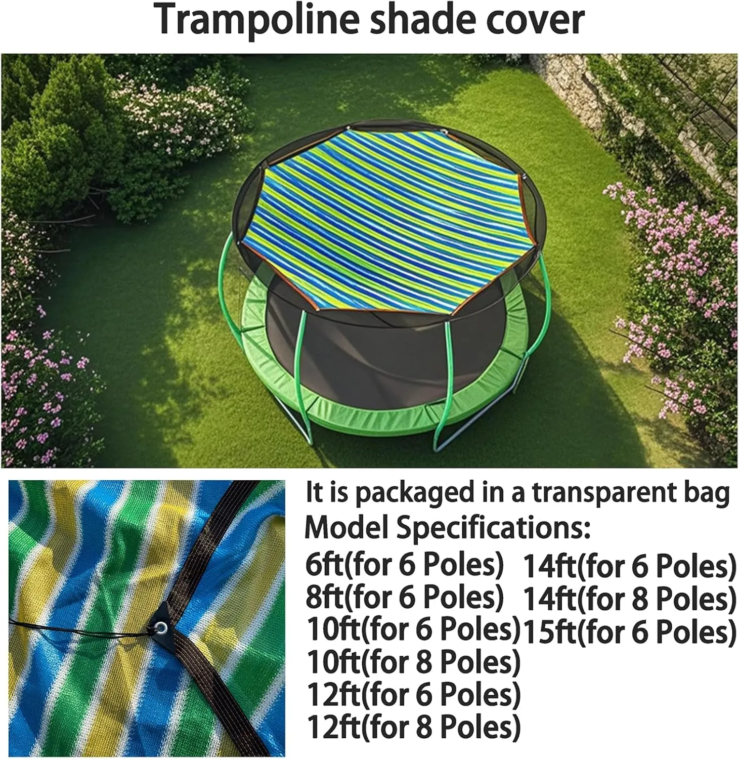 Trampoline Shade Cover Waterproof UV Protection - Heavy-Duty Weather Resistant Sunproof Canopy for 8ft-16ft Trampolines - Universal Fit Outdoor Top Cover (8/10/12/14/15/16ft)