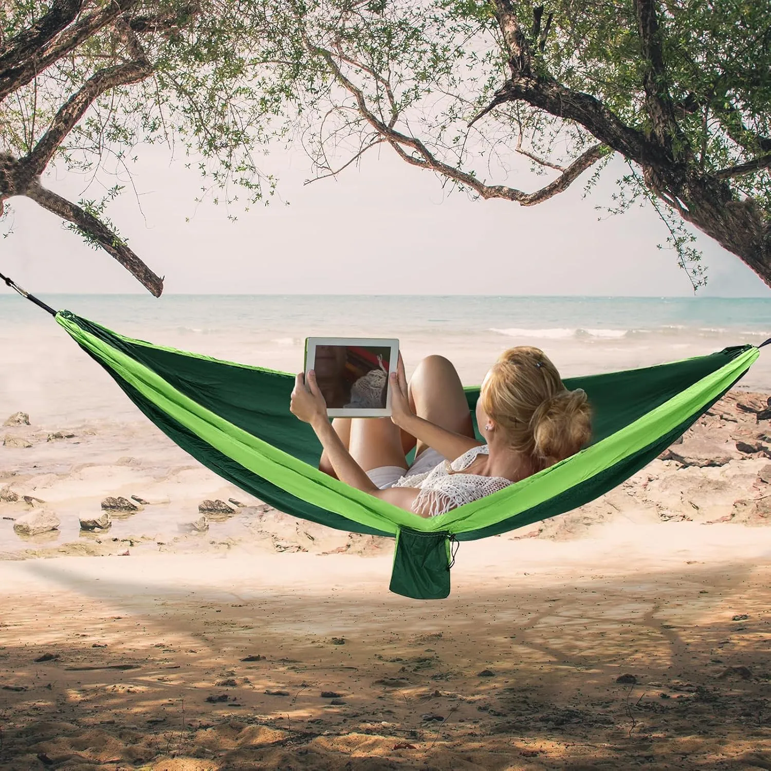 Travel Camping 210T Hammock,Double & Single Portable Lightweight Hammocks Capacity of 661lbs Hammocks for Outsides Backpacking Beach Backyard Patio Hiking (Blackish Green Light Green)