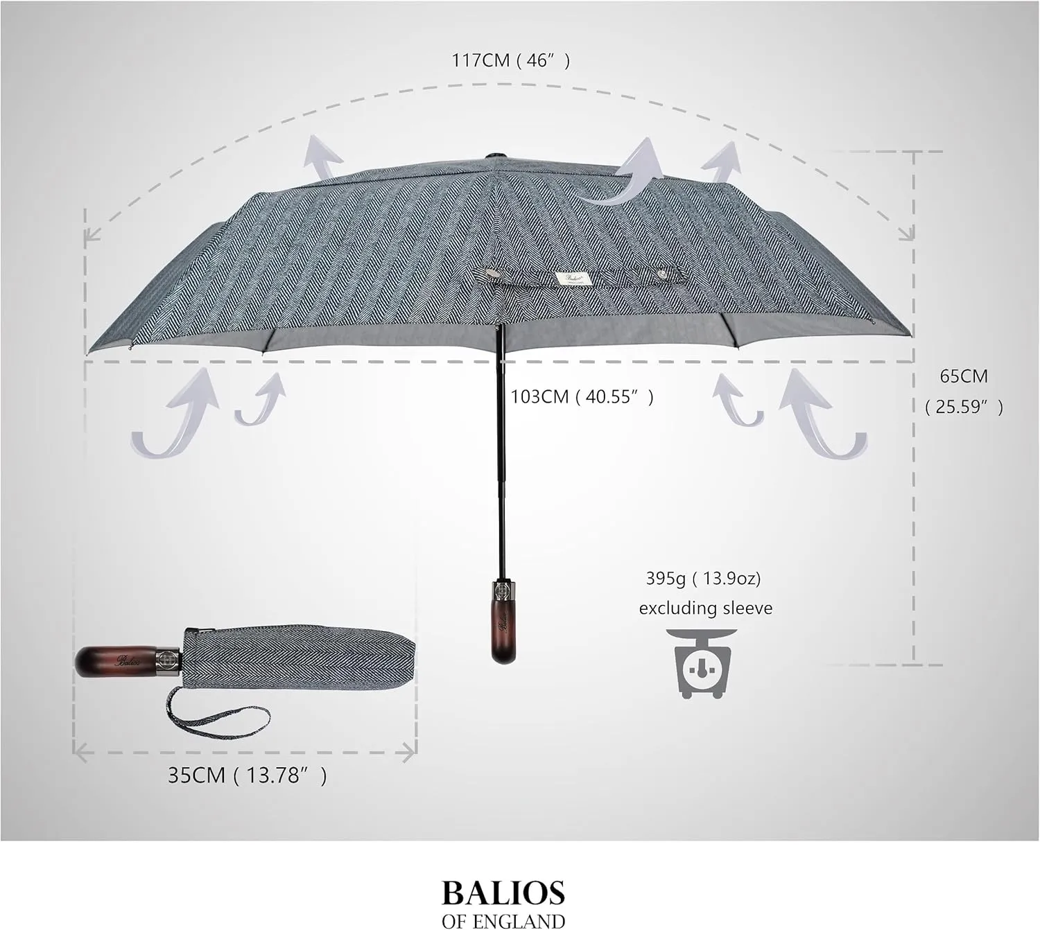 Travel Folding Umbrella with Real Wood Handle Auto Open Close Vented Windproof Canopy - Designed in UK