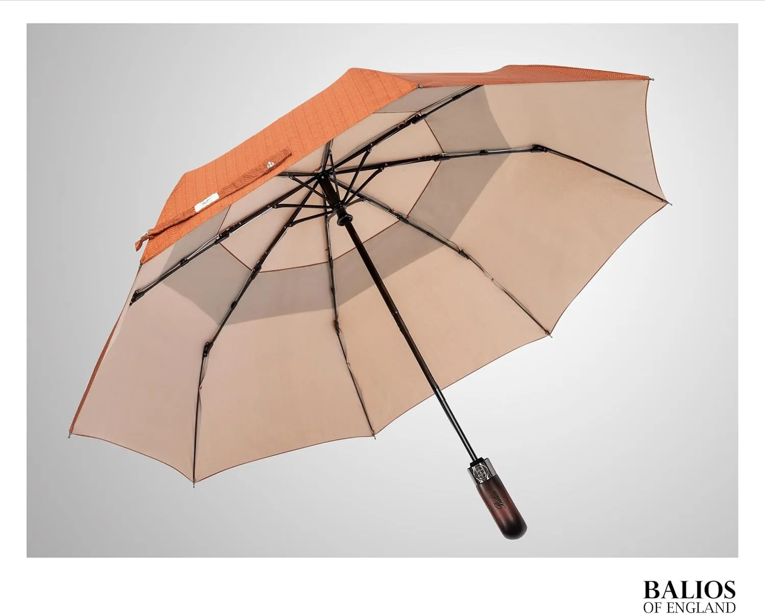 Travel Folding Umbrella with Real Wood Handle Auto Open Close Vented Windproof Canopy - Designed in UK