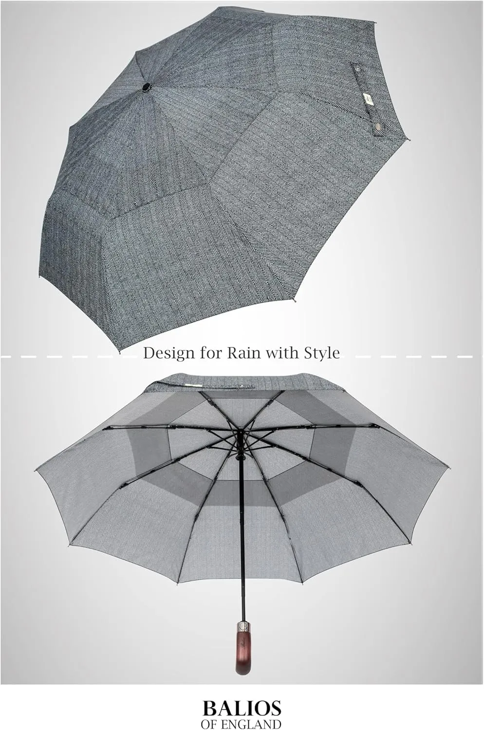 Travel Folding Umbrella with Real Wood Handle Auto Open Close Vented Windproof Canopy - Designed in UK