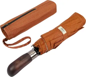 Travel Folding Umbrella with Real Wood Handle Auto Open Close Vented Windproof Canopy - Designed in UK