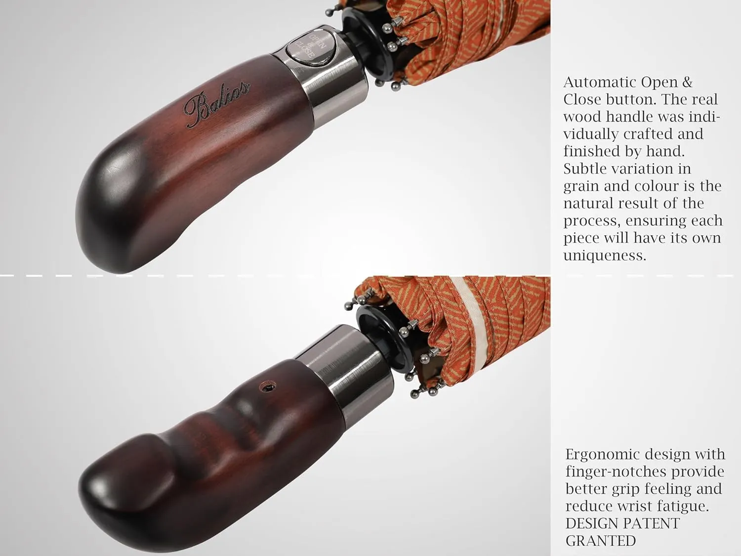 Travel Folding Umbrella with Real Wood Handle Auto Open Close Vented Windproof Canopy - Designed in UK