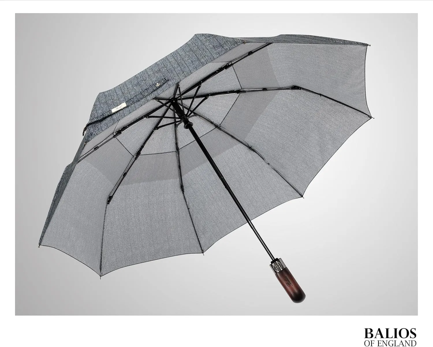 Travel Folding Umbrella with Real Wood Handle Auto Open Close Vented Windproof Canopy - Designed in UK