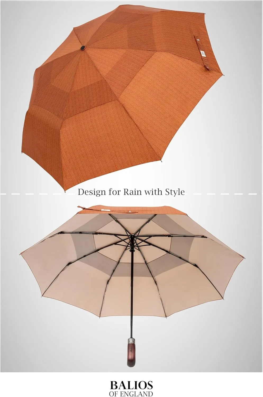 Travel Folding Umbrella with Real Wood Handle Auto Open Close Vented Windproof Canopy - Designed in UK