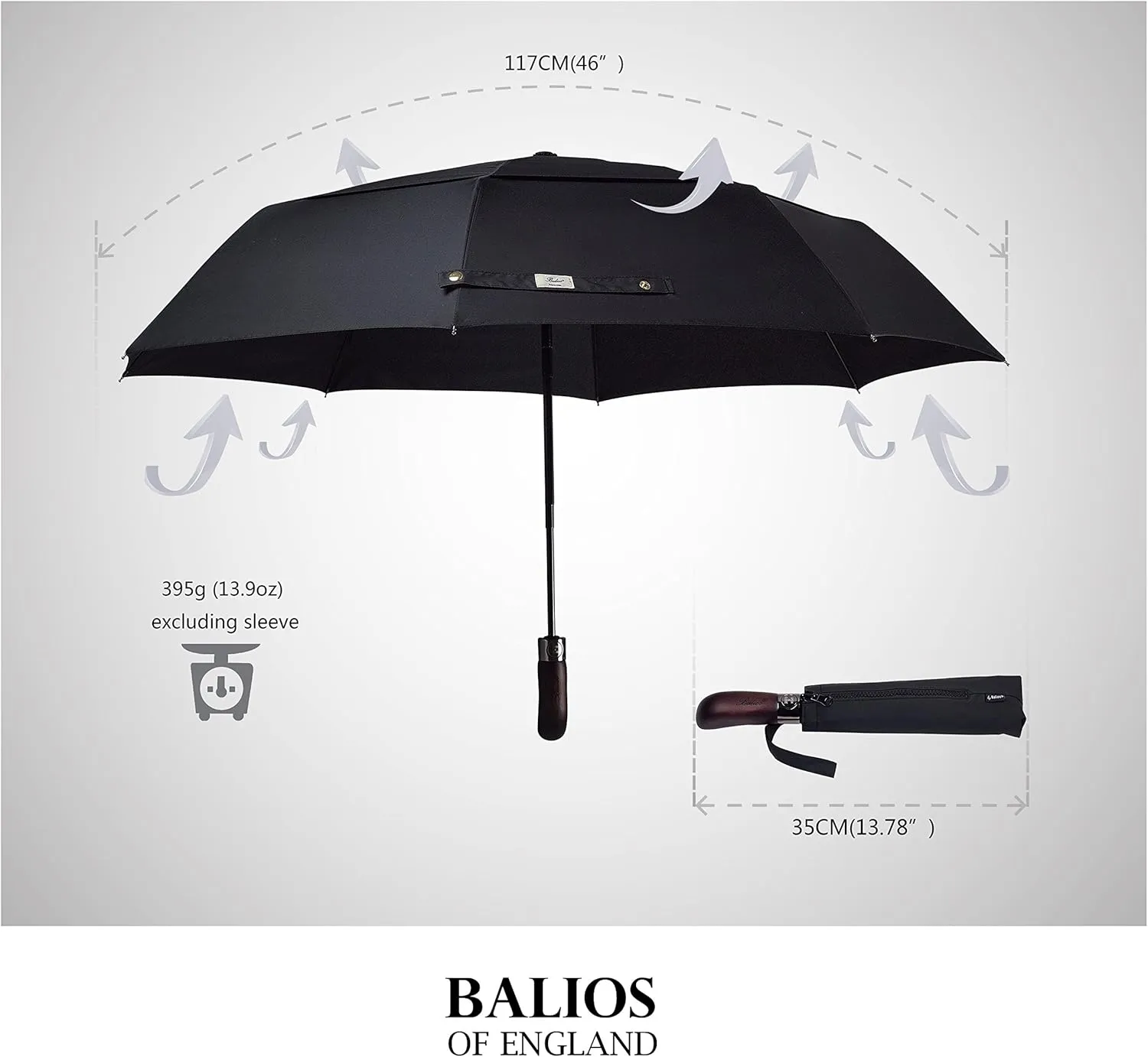 Travel Folding Umbrella with Real Wood Handle Auto Open Close Vented Windproof Canopy - Designed in UK