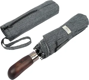 Travel Folding Umbrella with Real Wood Handle Auto Open Close Vented Windproof Canopy - Designed in UK