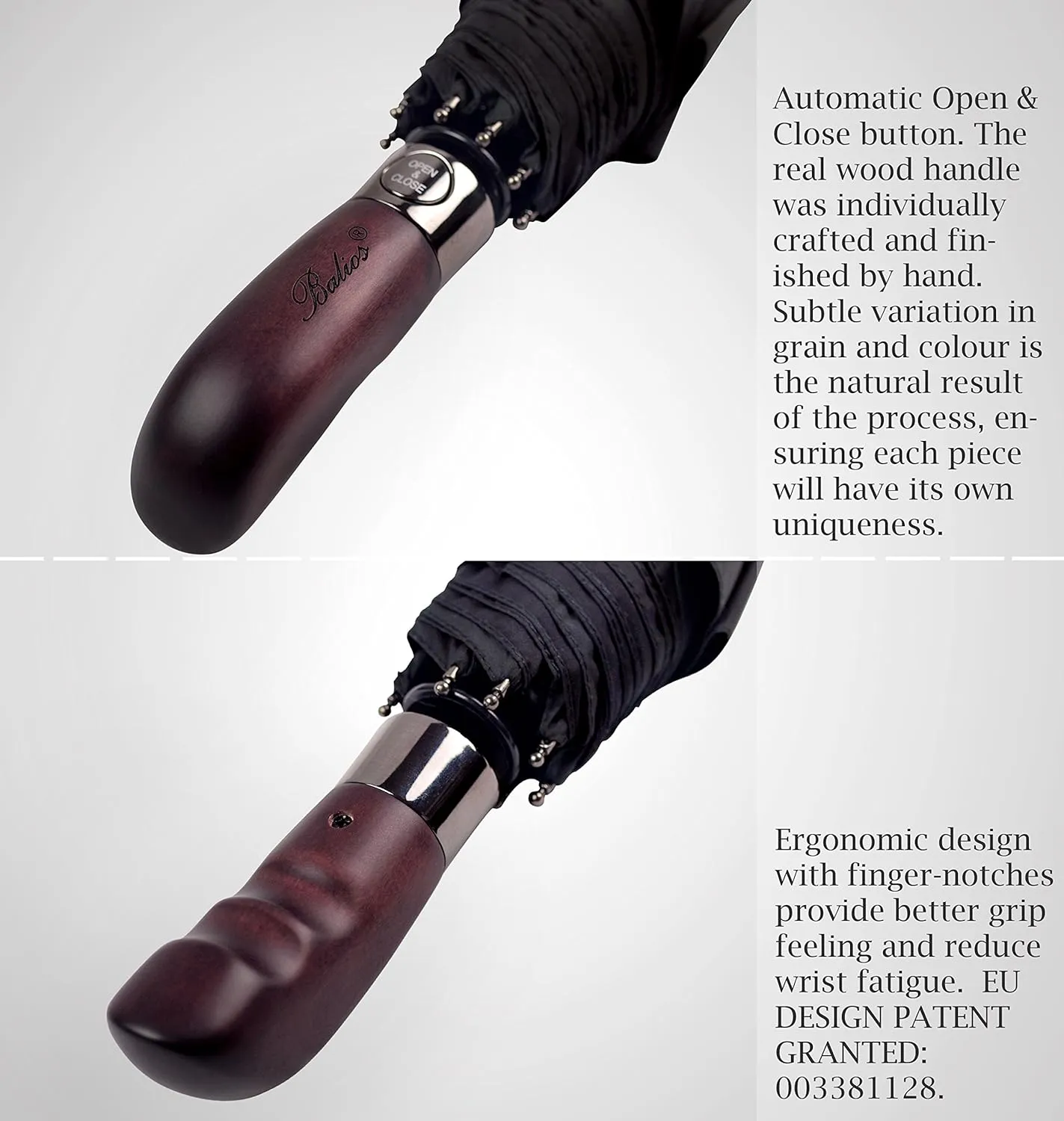 Travel Folding Umbrella with Real Wood Handle Auto Open Close Vented Windproof Canopy - Designed in UK