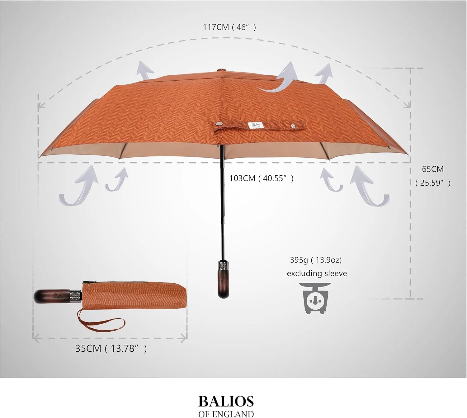 Travel Folding Umbrella with Real Wood Handle Auto Open Close Vented Windproof Canopy - Designed in UK