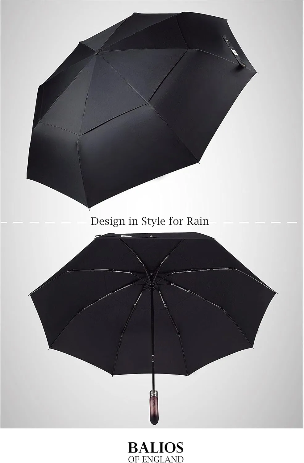 Travel Folding Umbrella with Real Wood Handle Auto Open Close Vented Windproof Canopy - Designed in UK