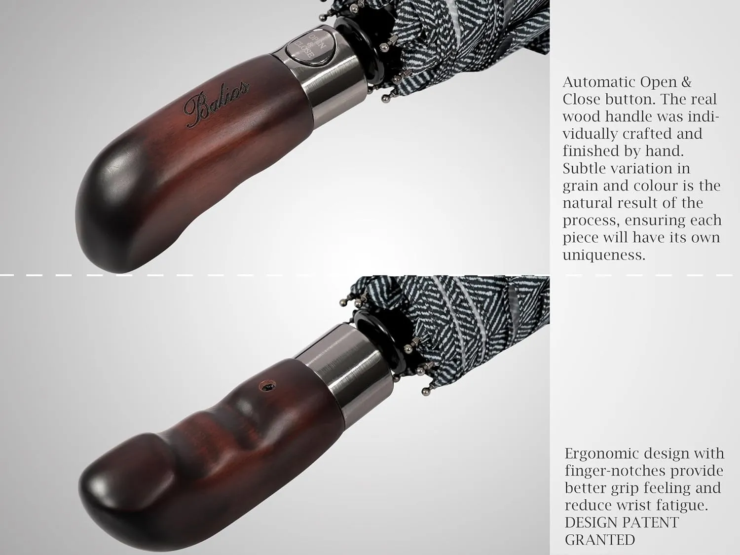 Travel Folding Umbrella with Real Wood Handle Auto Open Close Vented Windproof Canopy - Designed in UK