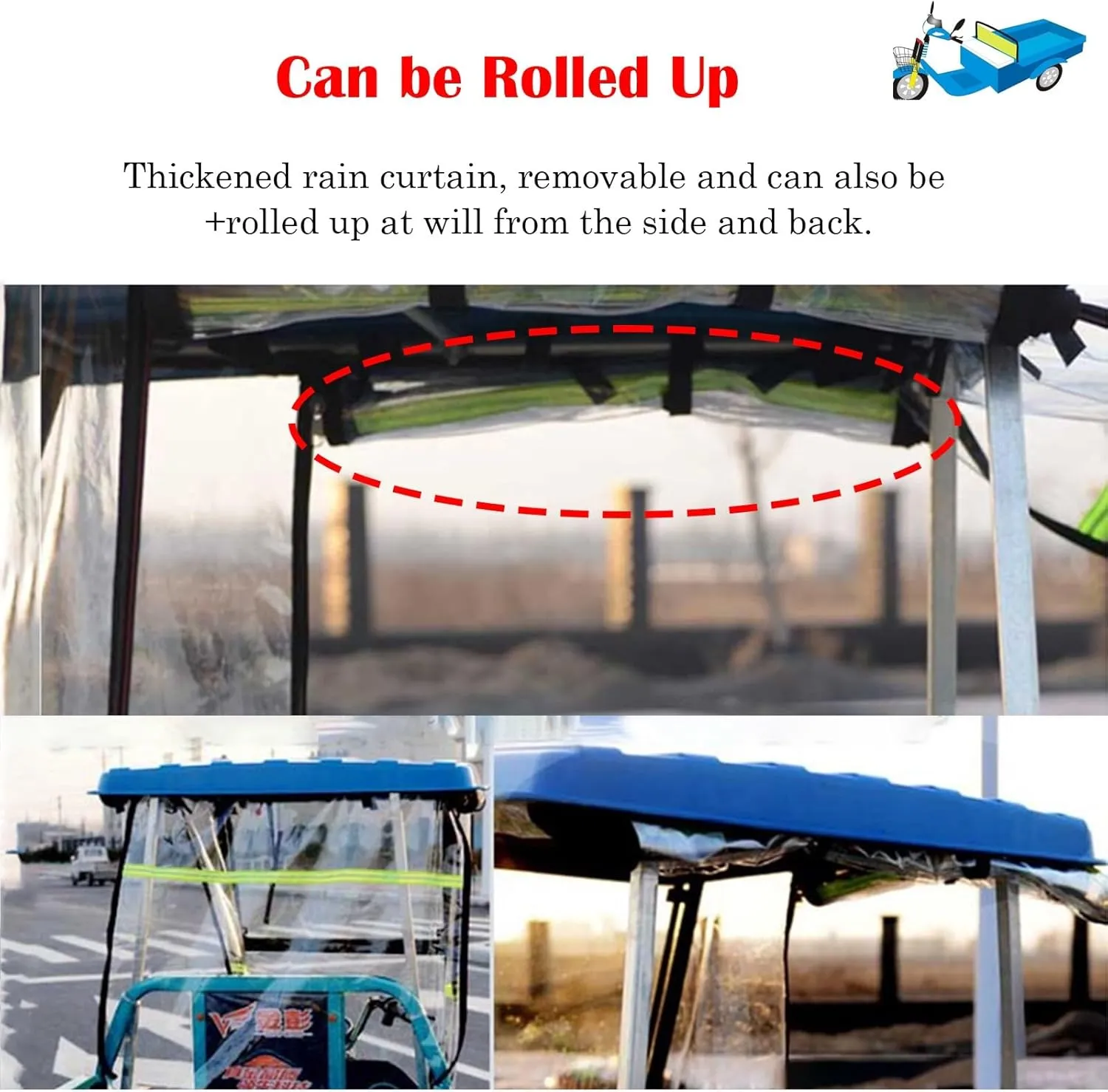 Tricycle Frame Canopy for Rain Sun Snow Proof, Adult Tricycle Cover with Reflective Strips & Wipers, Easy to Install Sanbengzi Cover for Outside Riding(Dark Blue,43.3inch/110cm Wide)
