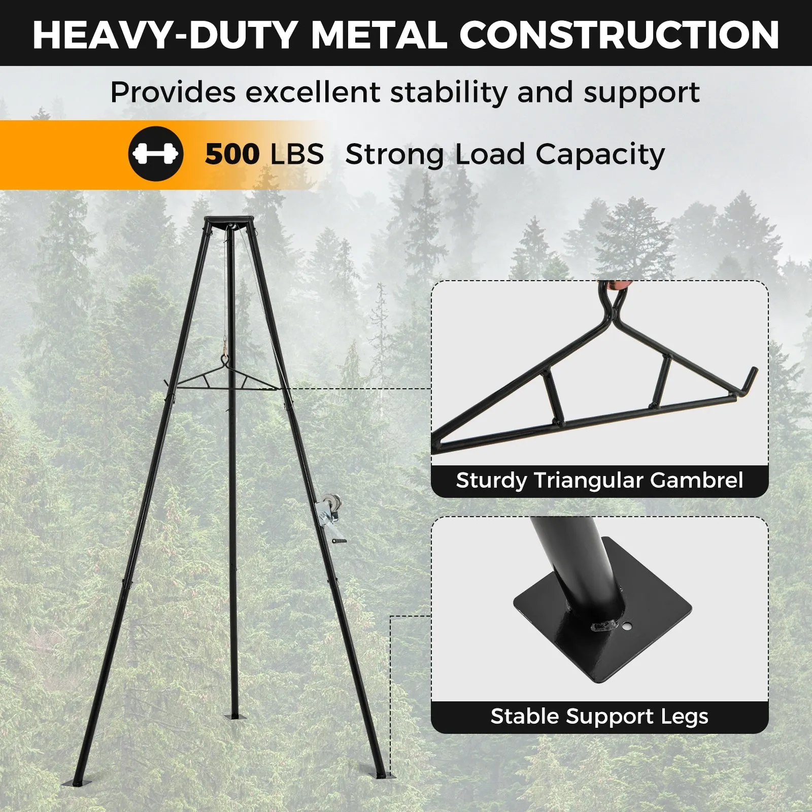 Tripod Game Hoist Deer Hanger 600 LBS Capacity Deer Skinning Rack-Black