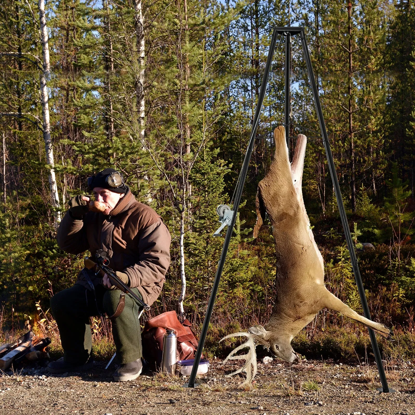 Tripod Game Hoist Deer Hanger 600 LBS Capacity Deer Skinning Rack-Black