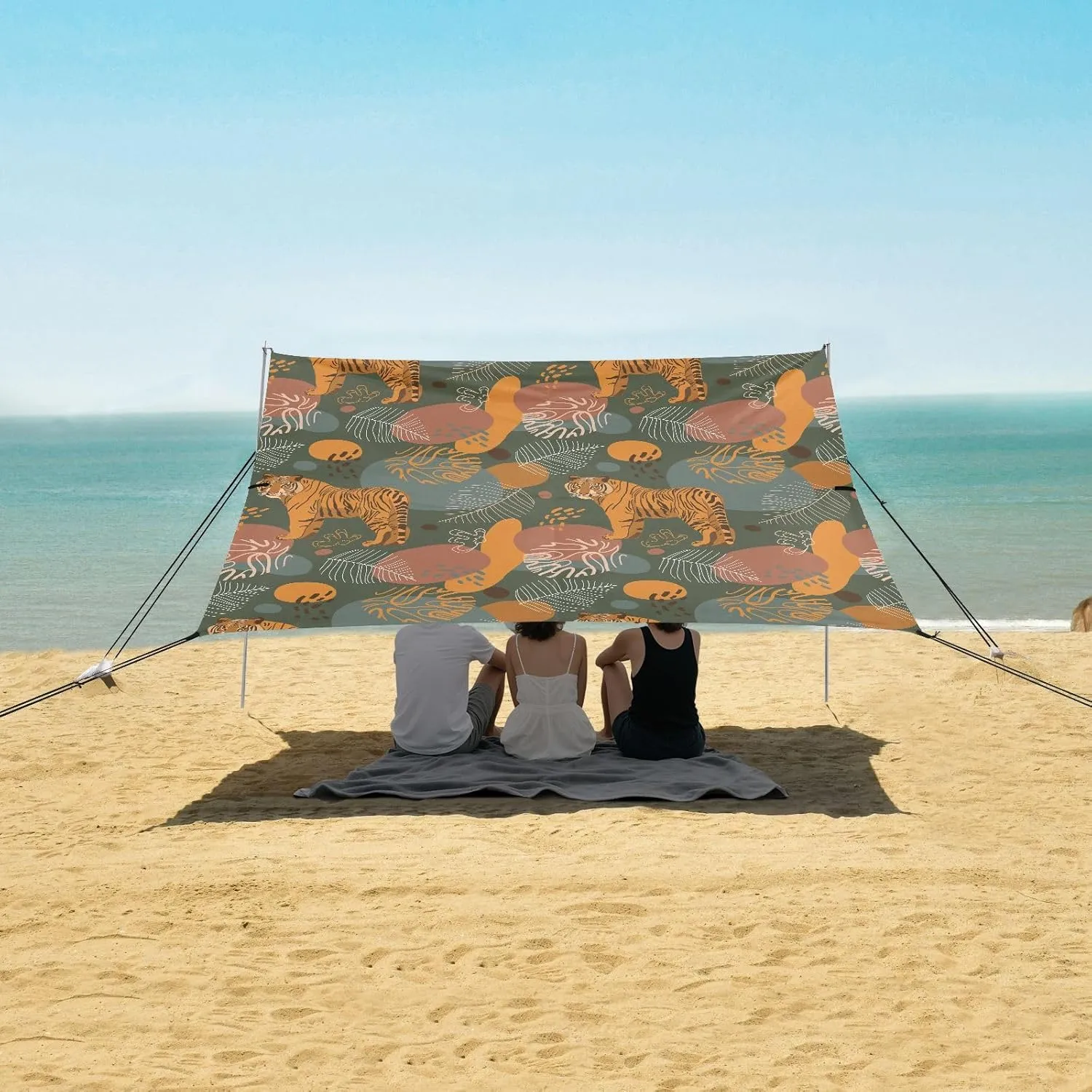 Tropical Tiger Leaves Beach Canopy Tent Anti-UV & Wind Resistant, Camping Sun Shelter Easy Setup Portable,Outdoor Shade Tents with Sandbags,Sand Shovels,Ground Pegs & Stability Poles