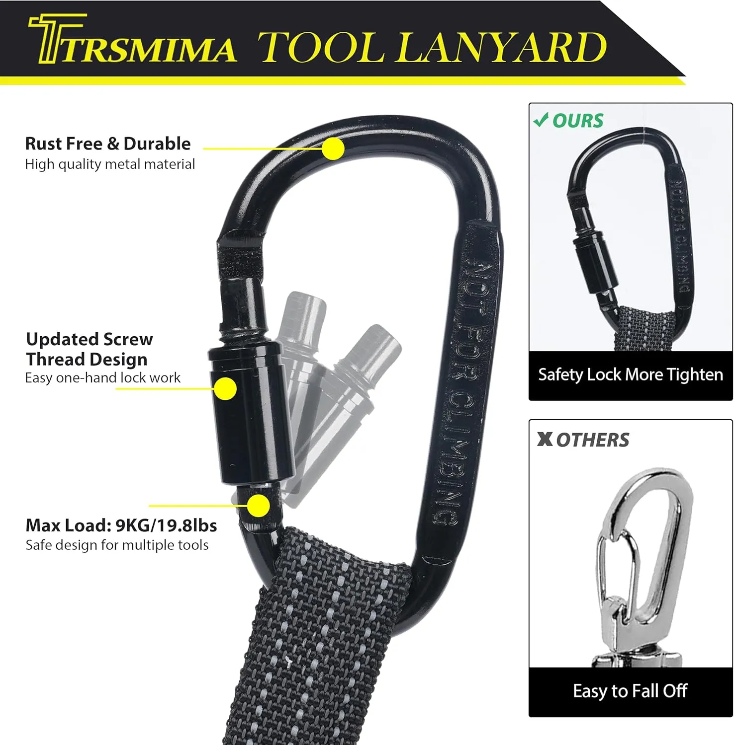 TRSMIMA Safety Tether Tool Lanyard - 5 Pack Stretch Strap Safety Fall Protection Tools Leash with Screw Lock Carabiner Clip