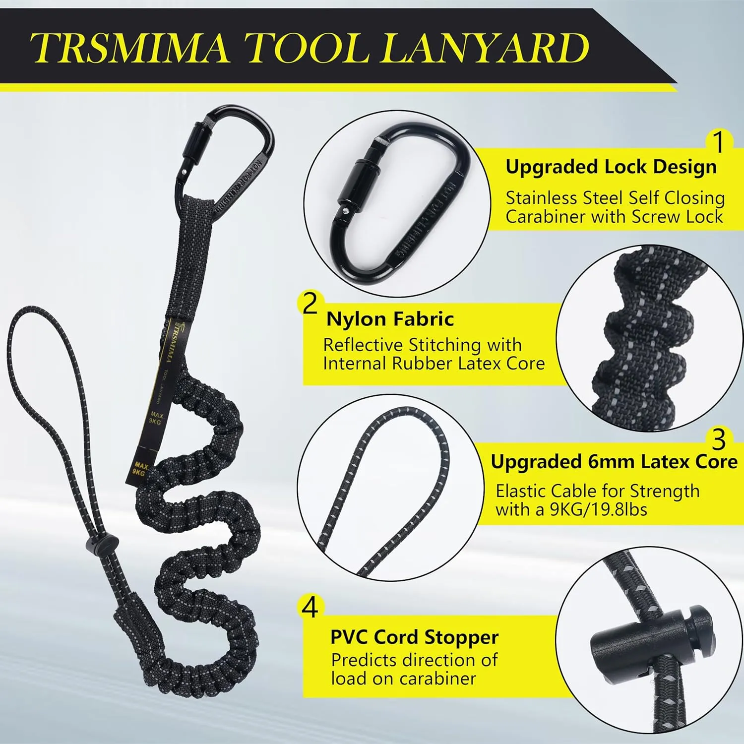 TRSMIMA Safety Tether Tool Lanyard - 5 Pack Stretch Strap Safety Fall Protection Tools Leash with Screw Lock Carabiner Clip