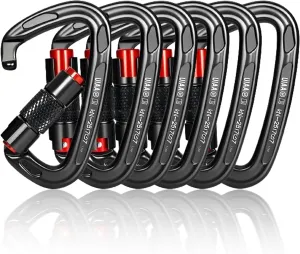 UIAA Certified 25KN Carabiner Heavy Duty, Auto Locking Carabiners Clips, 6PCS Black Carabiner for Swing, pet Traction,3.93 Inch D Shaped, Large Size