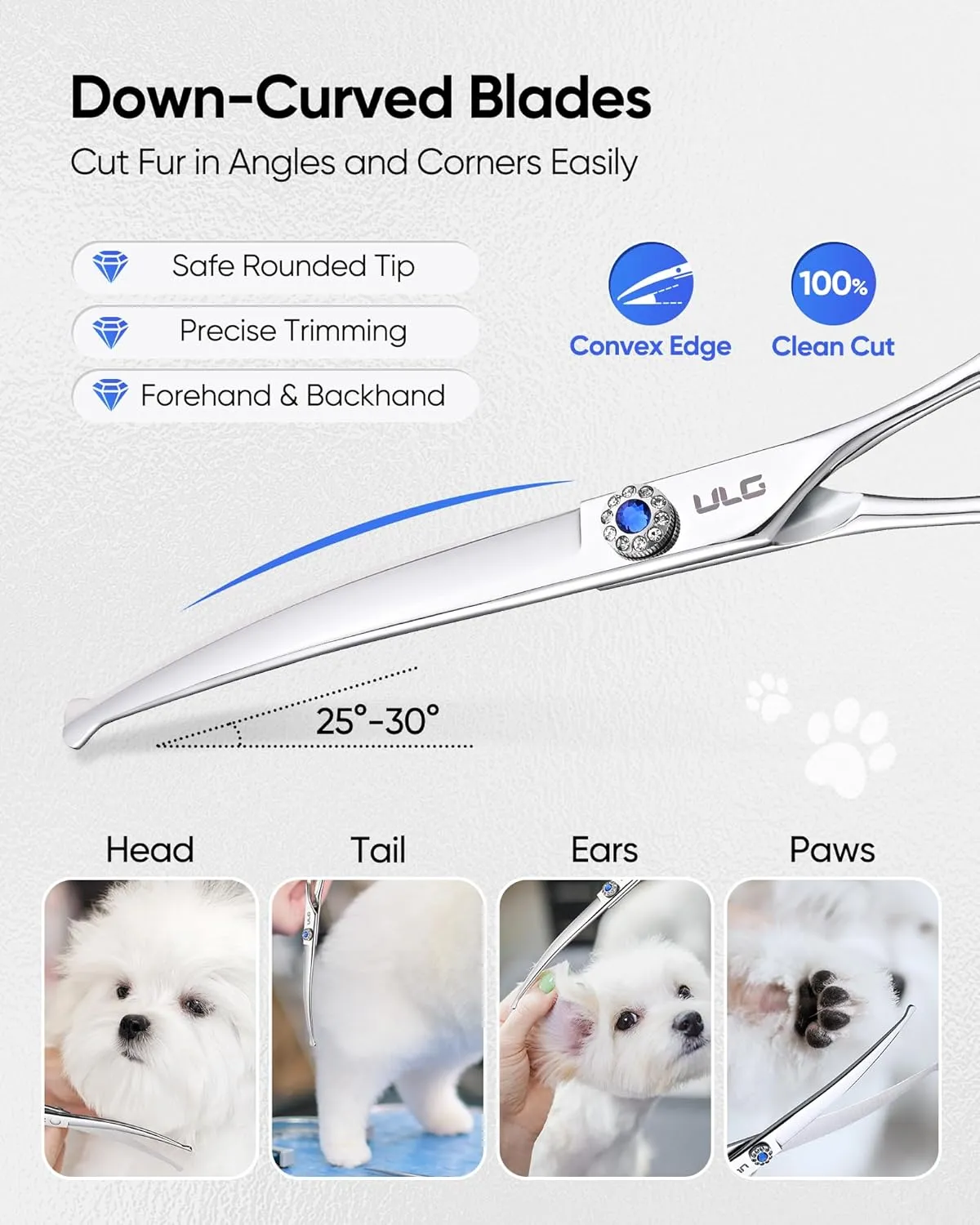 ULG Curved Thinner Dog Shears for Grooming - Ergonomic Dog Grooming Shears Sharp Curved Blender Dog Scissors for Grooming 440C Stainless Steel Grooming Scissors Professional Pet Shears
