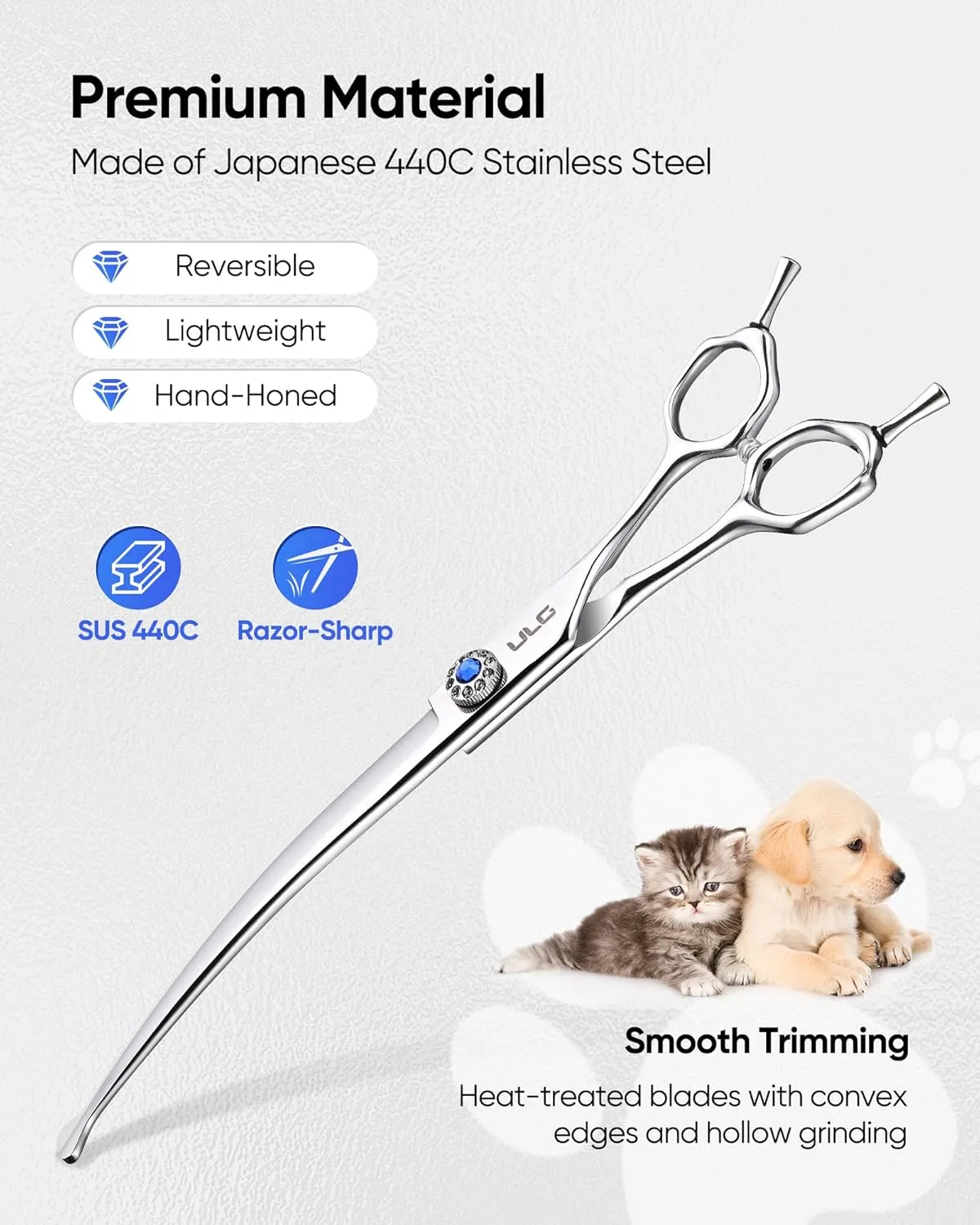 ULG Curved Thinner Dog Shears for Grooming - Ergonomic Dog Grooming Shears Sharp Curved Blender Dog Scissors for Grooming 440C Stainless Steel Grooming Scissors Professional Pet Shears