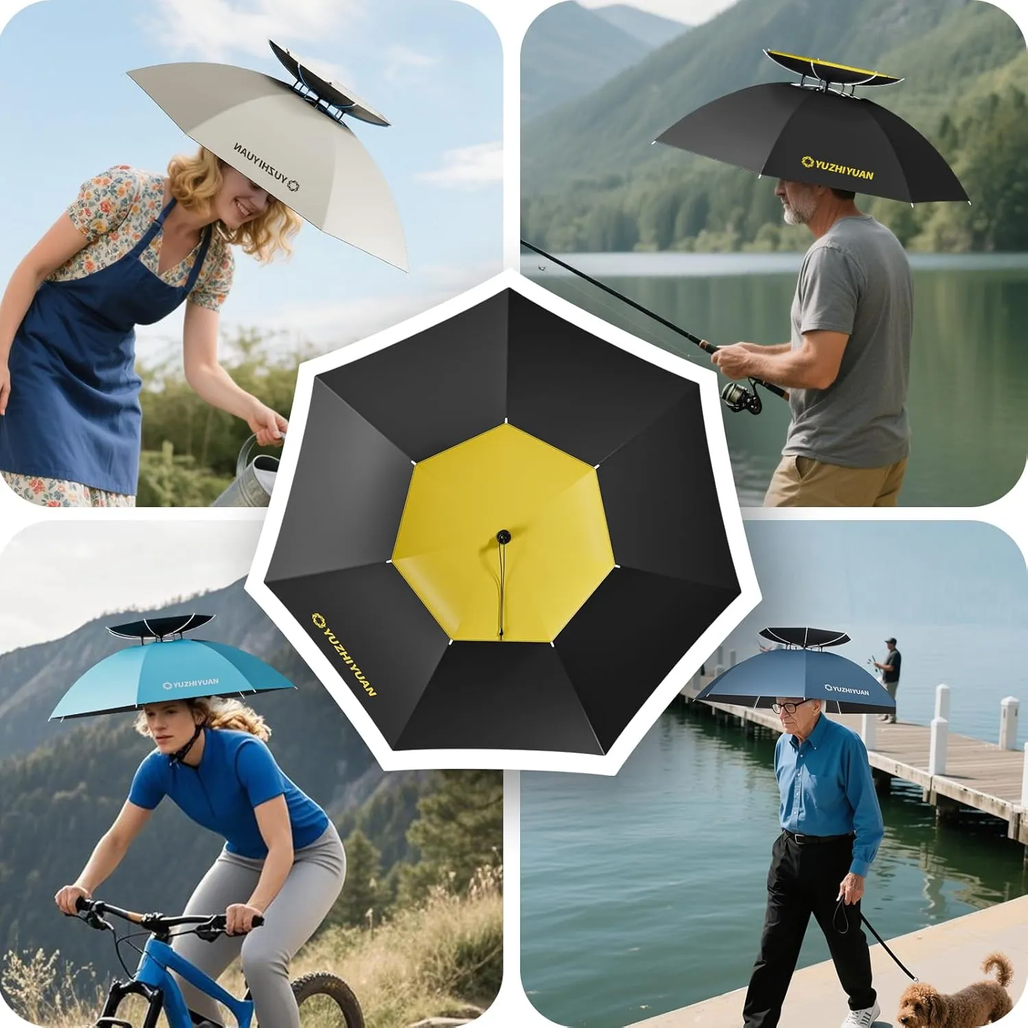 Umbrella Hat, 30.7/35.4/42.9 inch Umbrella Hats for Adults, Professional Black Coating Provides UPF 50  UV Protection, Silicone Headband and Chin Strap for Fishing, Camping, Gardening Shade and more.